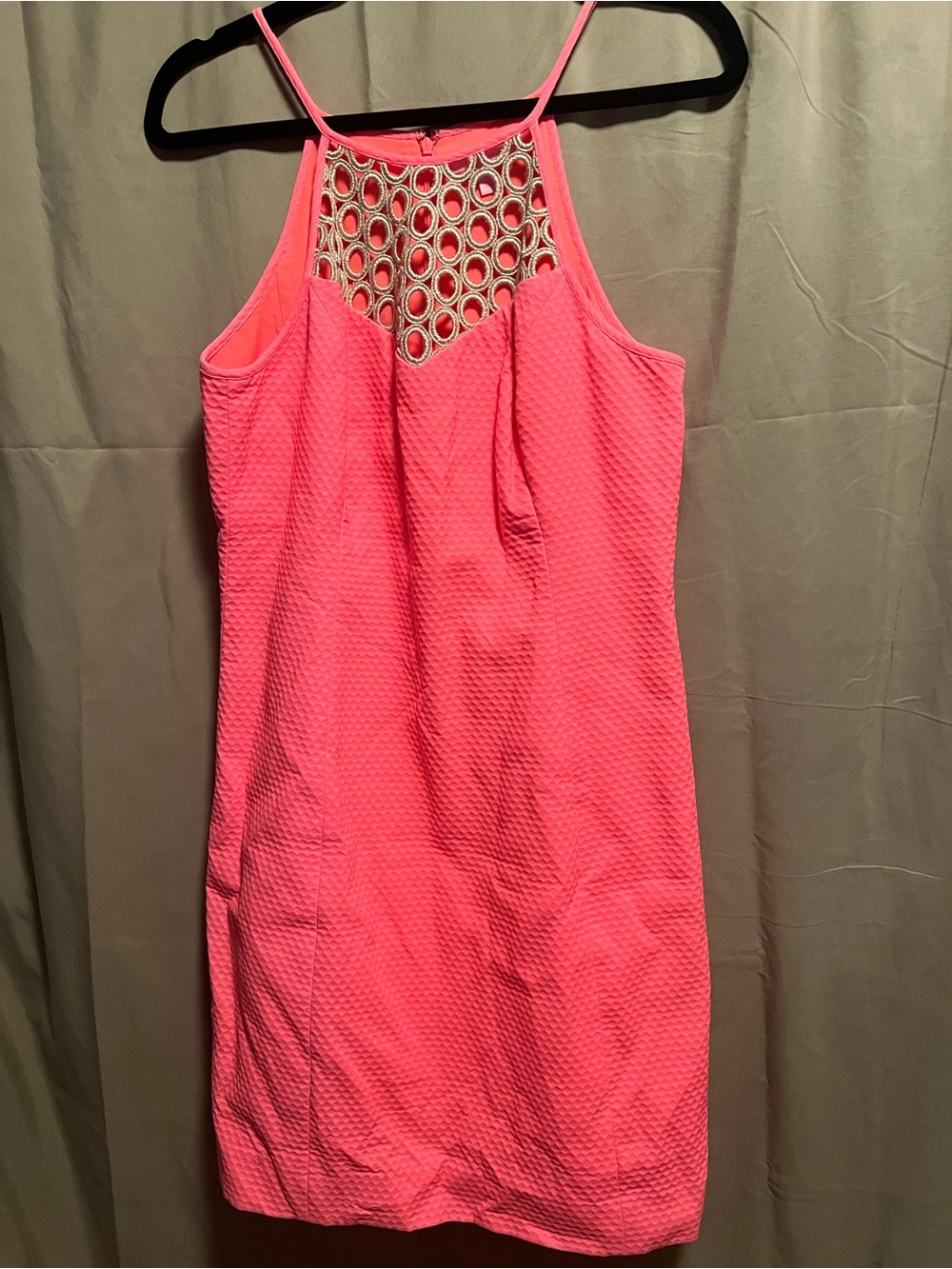 Lily Sleeveless Pink Textured Halter Dress with Embellished Neckline